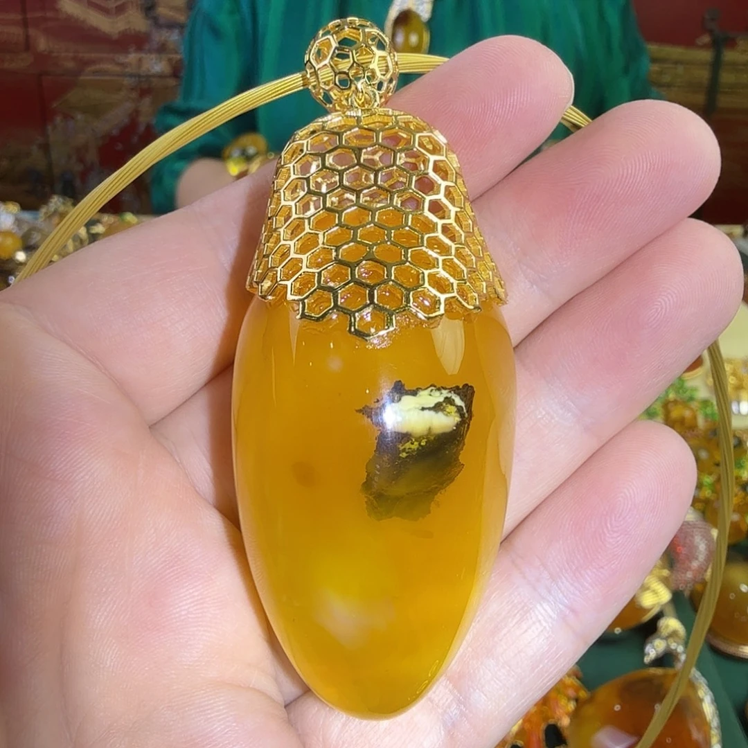 植物珀银S925镀金镶嵌吊坠(赠链)