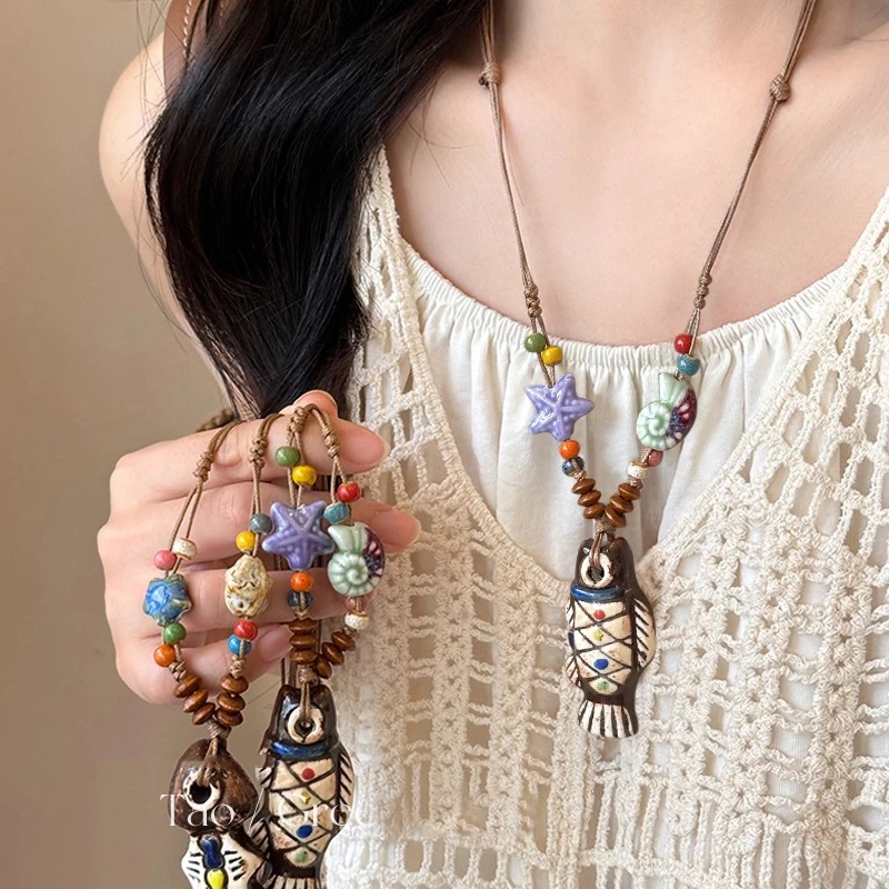 铜陶瓷项链 新中式彩色陶瓷小鱼串珠项链女款夏天长款锁骨链配饰