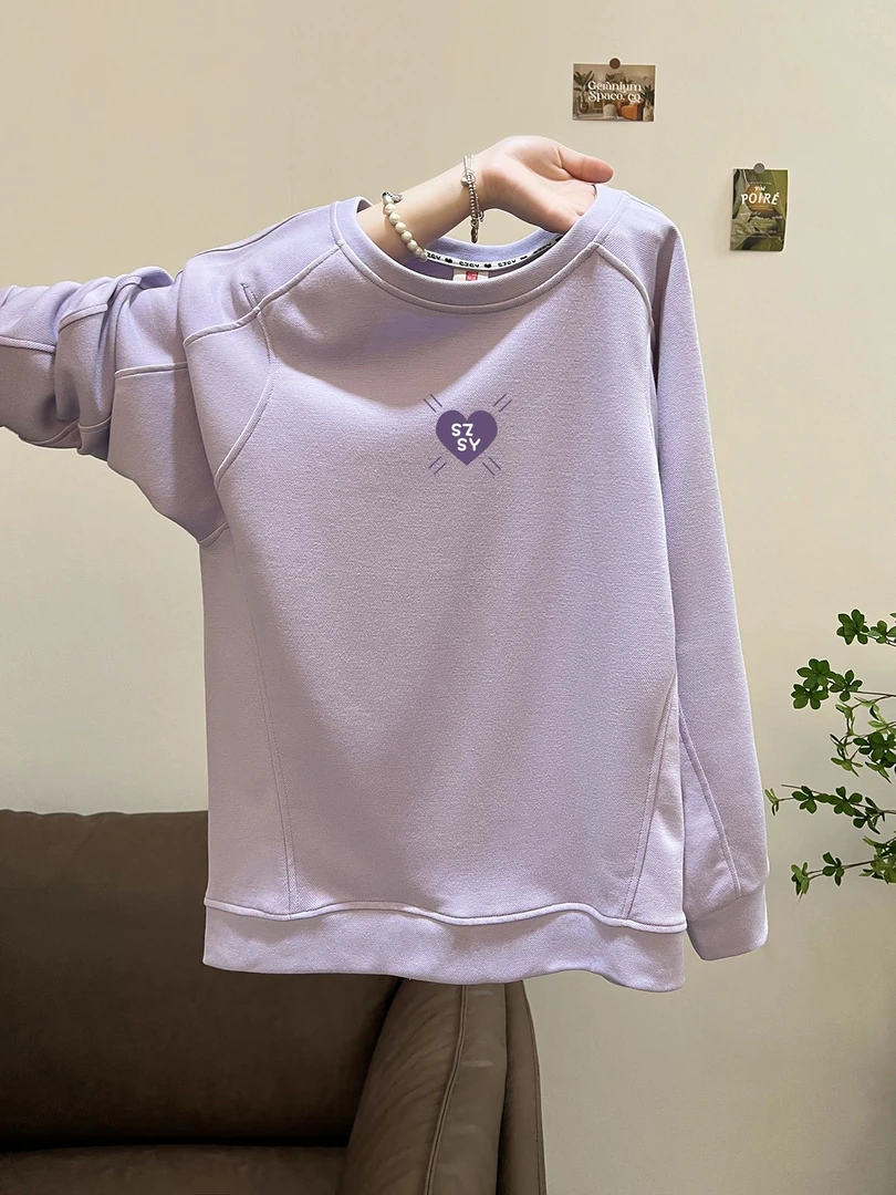 休闲2025新款设计拼接巨好看浅紫色长袖卫衣印花爱心图案复古女