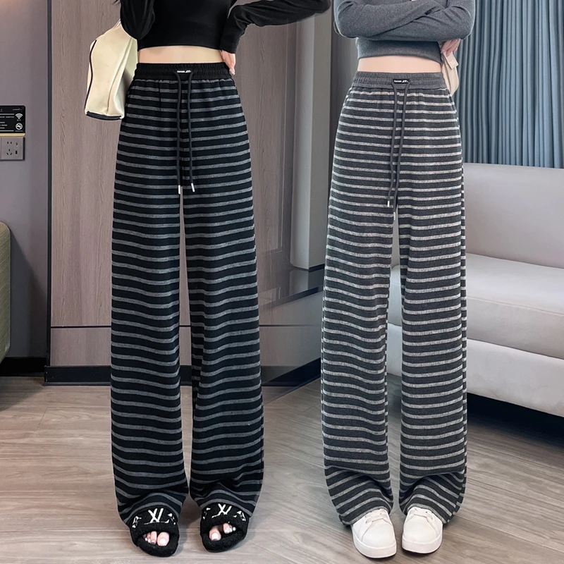 2025春秋复古针织流行条纹窄版阔腿裤女松紧腰显瘦显高直筒休闲裤