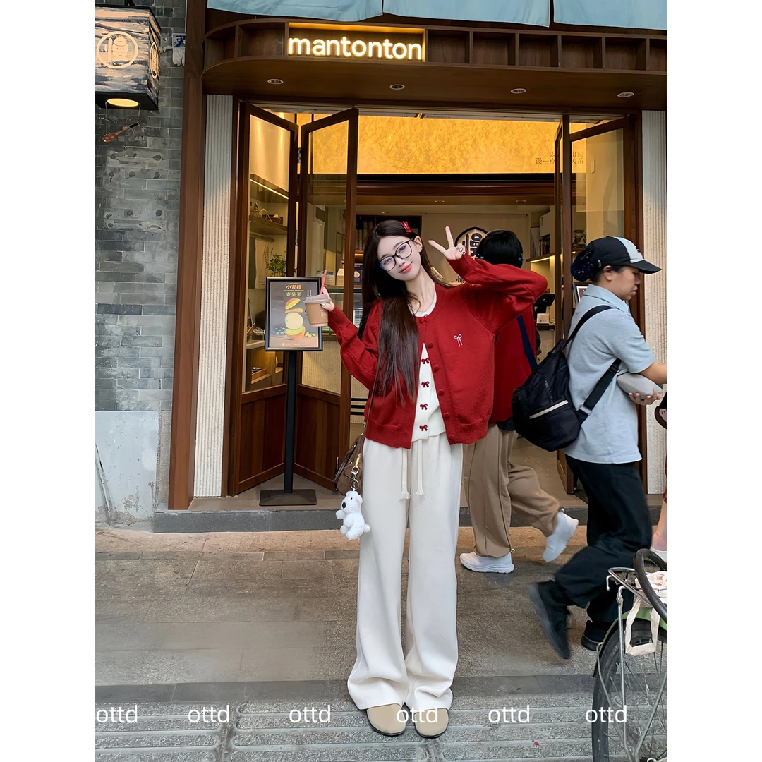 早秋慵懒风套装女2025新款红色蝴蝶结针织开衫毛衣外套宽松休闲裤