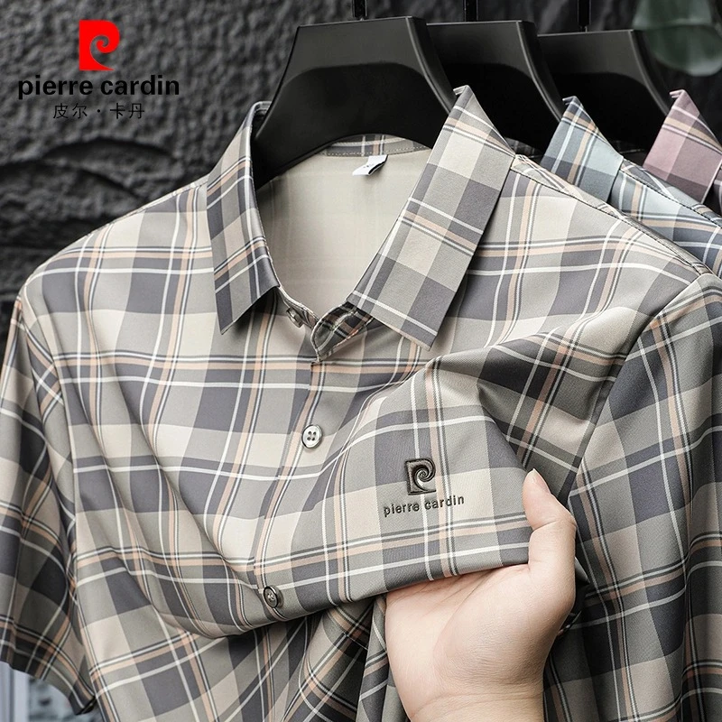 皮尔卡丹冰丝无痕格子衬衫短袖男士夏季宽松中年爸爸薄款商务休闲