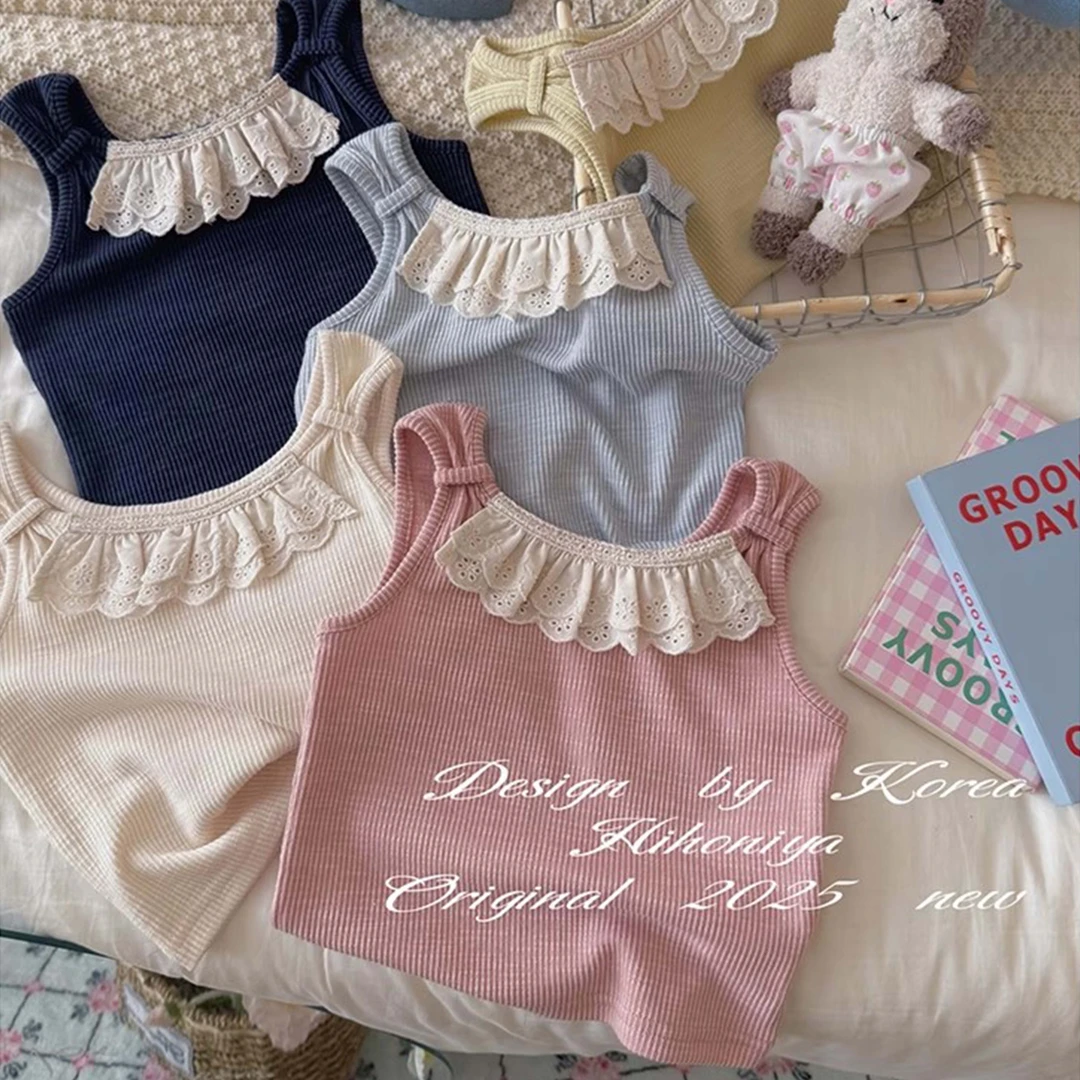 韩国童装2025夏季新款宝宝蕾丝边甜美休闲背心女童无袖T恤