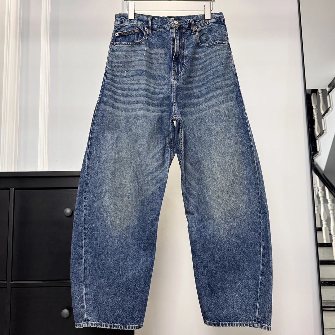 宽松时尚蓝色弯刀牛仔裤水洗做旧裤脚美式复古阔腿裤韩版潮流百搭