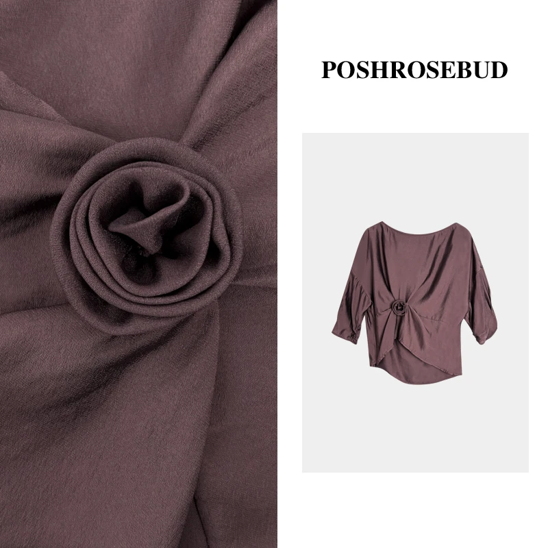 POSHROSEBUD设计师人丝收褶不规则开衩半袖圆领气质上衣衫-LT0267