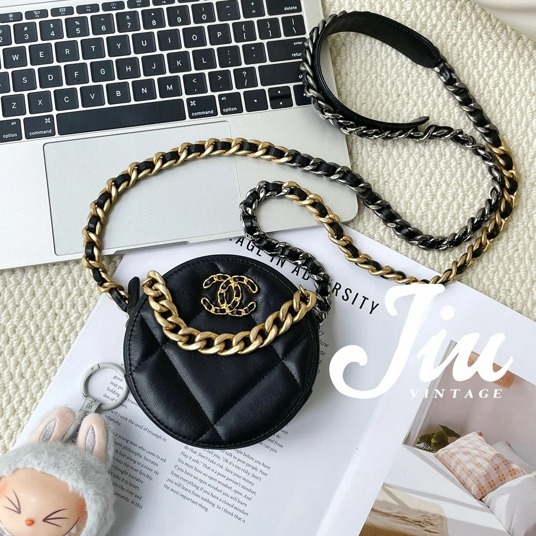 99新 Chanel/香奈儿 19bag 黑金mini羊皮圆饼30开JM17TH67-0043