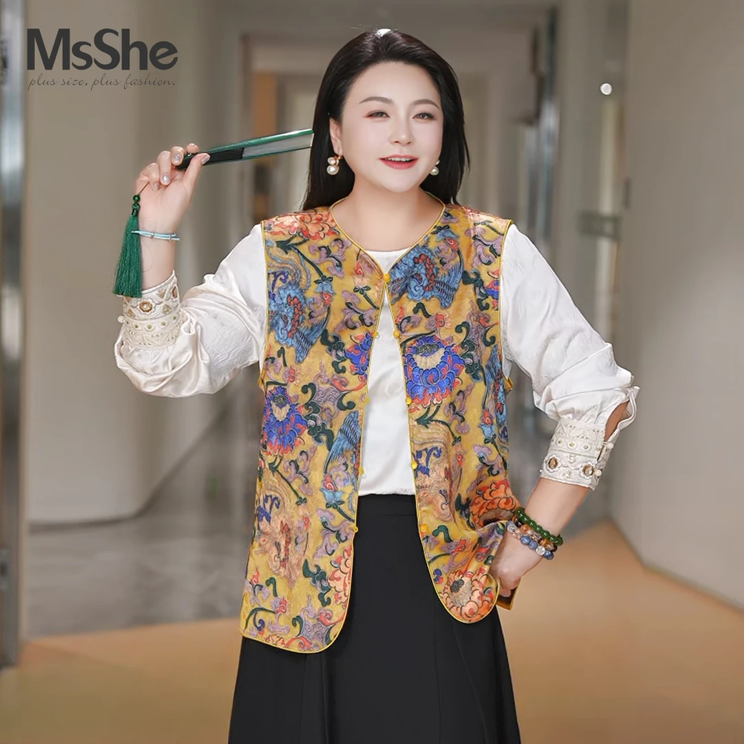 MsShe大码女装2025新款秋新中式国风缎面短款马甲小衫J~B2506055