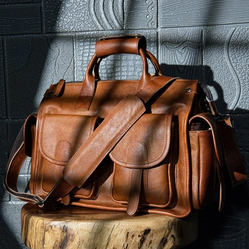 原创头层牛皮旅行包男包手提包植鞣皮电脑包真皮休闲斜挎包旅行袋