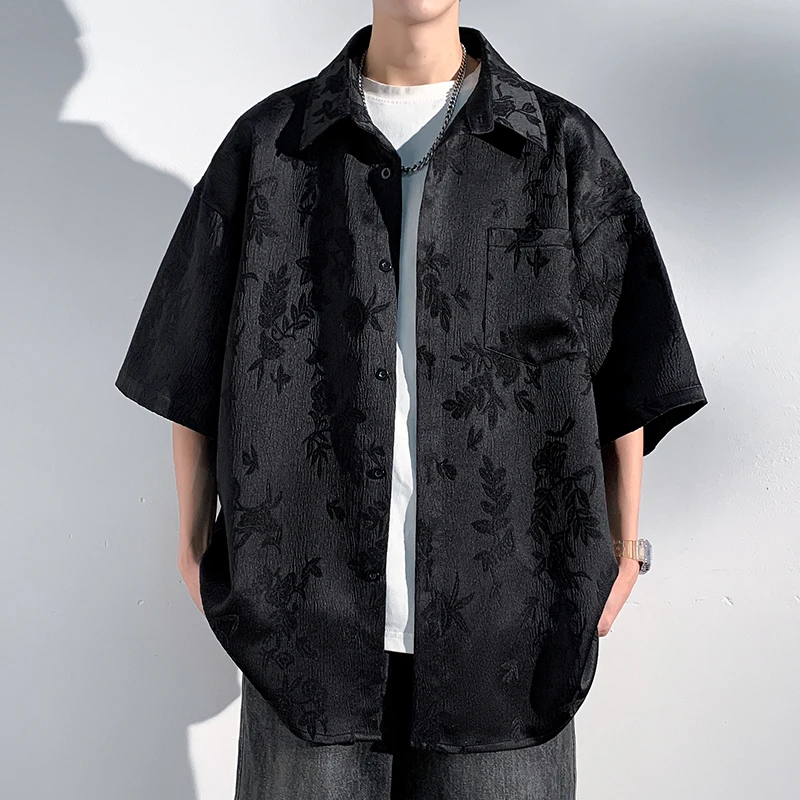 2025新款夏季休闲宽松中国风短袖衬衫男美式复古痞帅衬衣外套男士