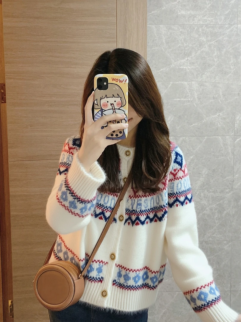 设计感复古撞色提花毛衣外套女2025秋冬新款宽松显瘦百搭针织开衫