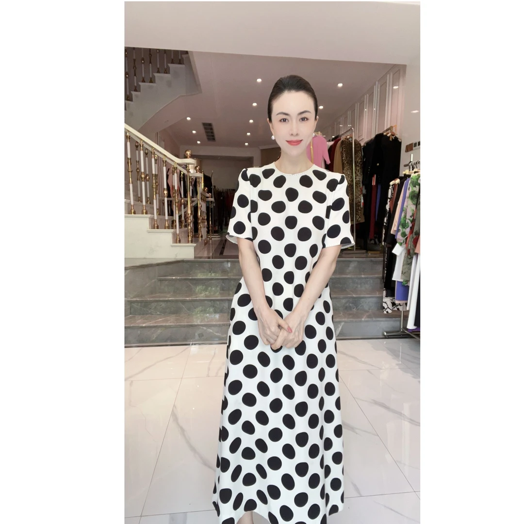 5003【优雅减龄】研家高定三醋酸大波点宽松显瘦长款连衣裙