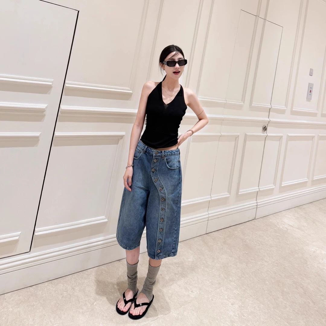 南油小众不规则纽扣高腰阔腿牛仔中裤女夏季新款百搭休闲短裤显瘦