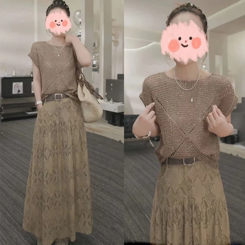 夏季穿搭一整套女2025新款小众减龄镂空针织上衣印花半身裙两件套