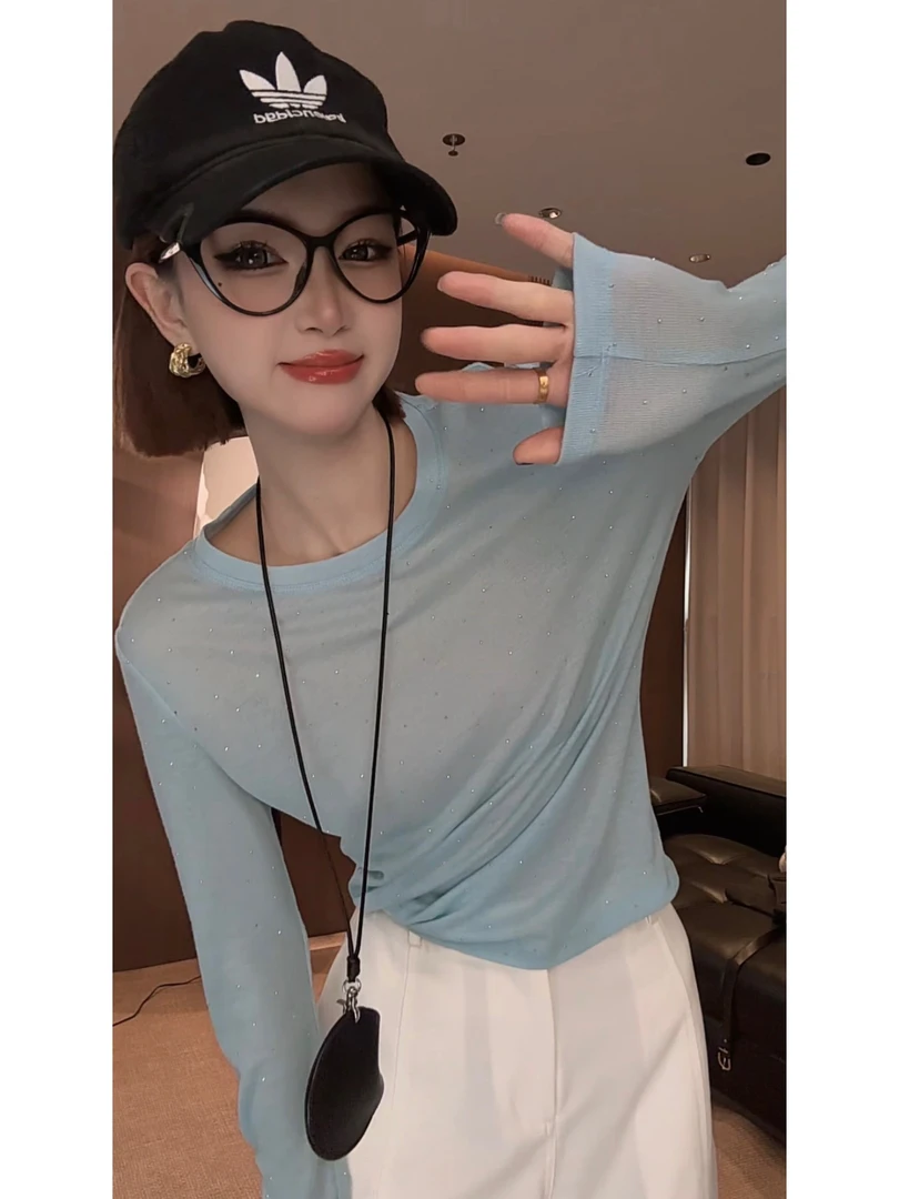 【Zz】早春薄款闪钻上衣女打底外穿显瘦百搭设计针织衫上衣ZY-166