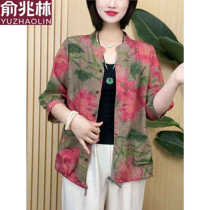 俞兆林夏季妈妈装洋气开衫宽松显瘦七分袖上衣复古印花舒适遮阳外