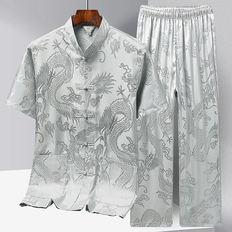 冰丝唐装男士短袖套装夏季中老年爸爸夏装老人衣服中国风爷爷衬衫