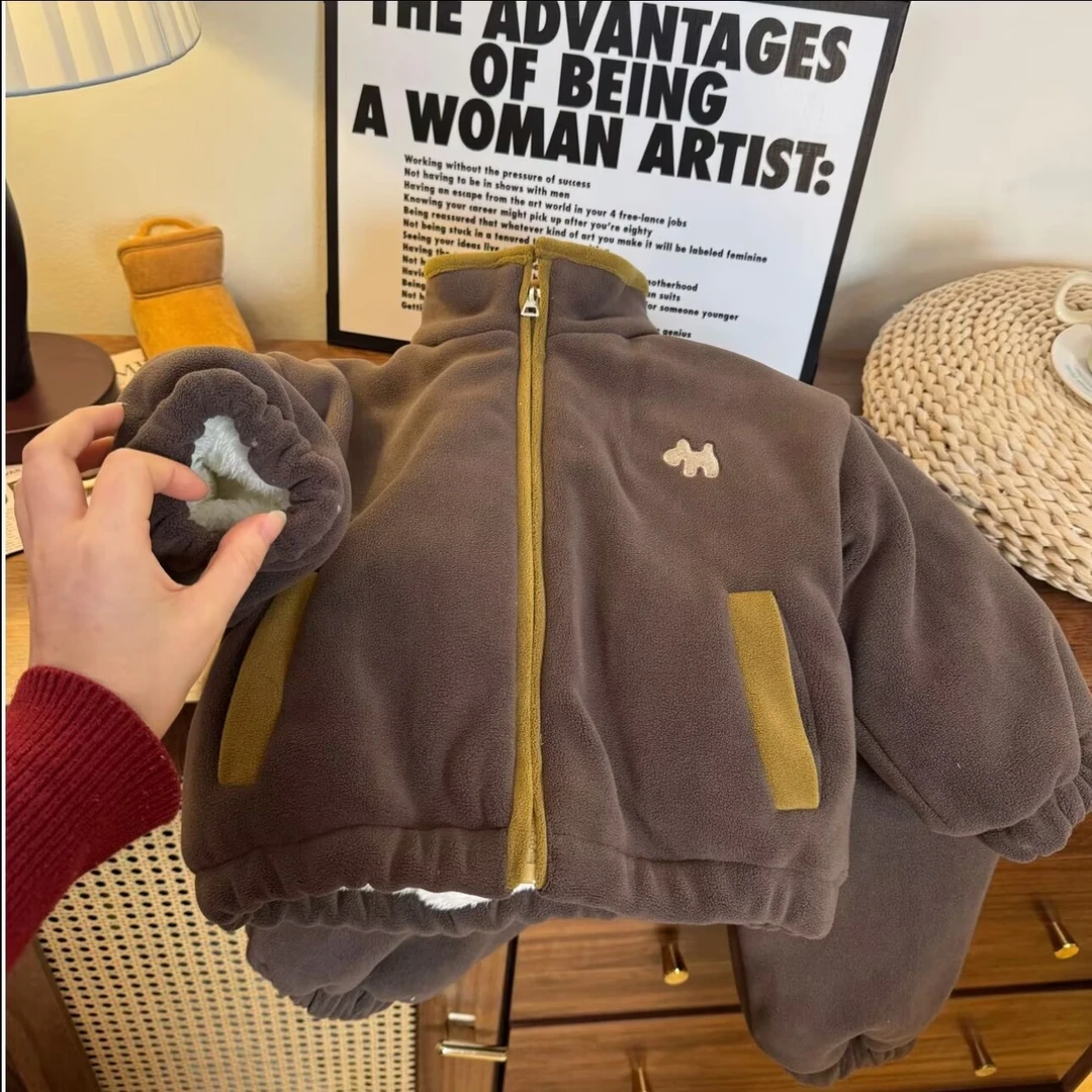 儿童家居服套装冬装2025新款男女童一件过冬四层加绒加棉加厚省服