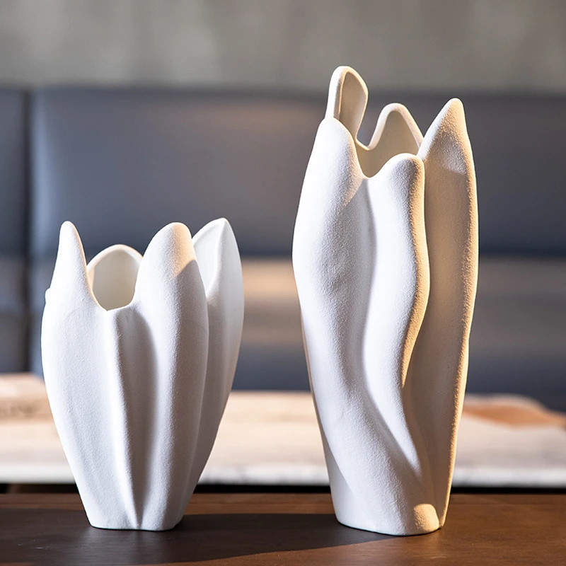 异形磨砂质感陶瓷黑白花瓶插花摆件客厅样板间软装家居装饰品