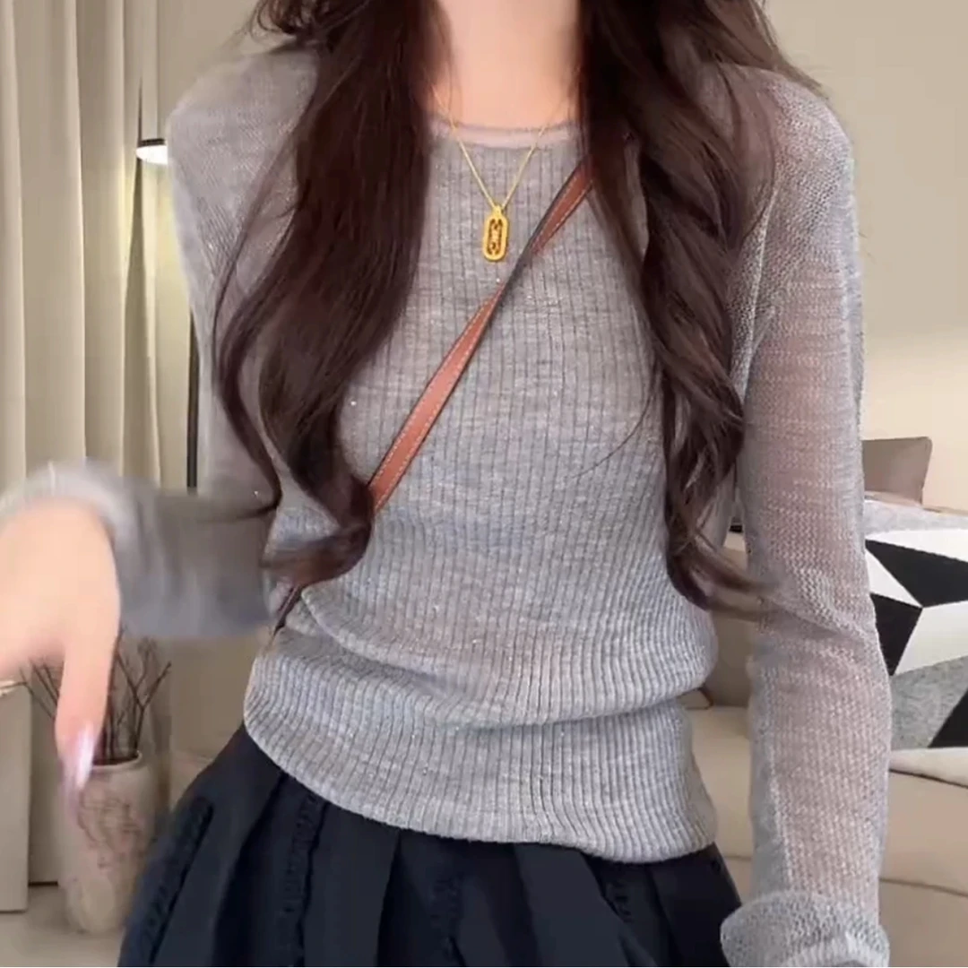 灰色复古早秋新款镂空气质长袖修身显瘦圆领针织打底衫SS-5694