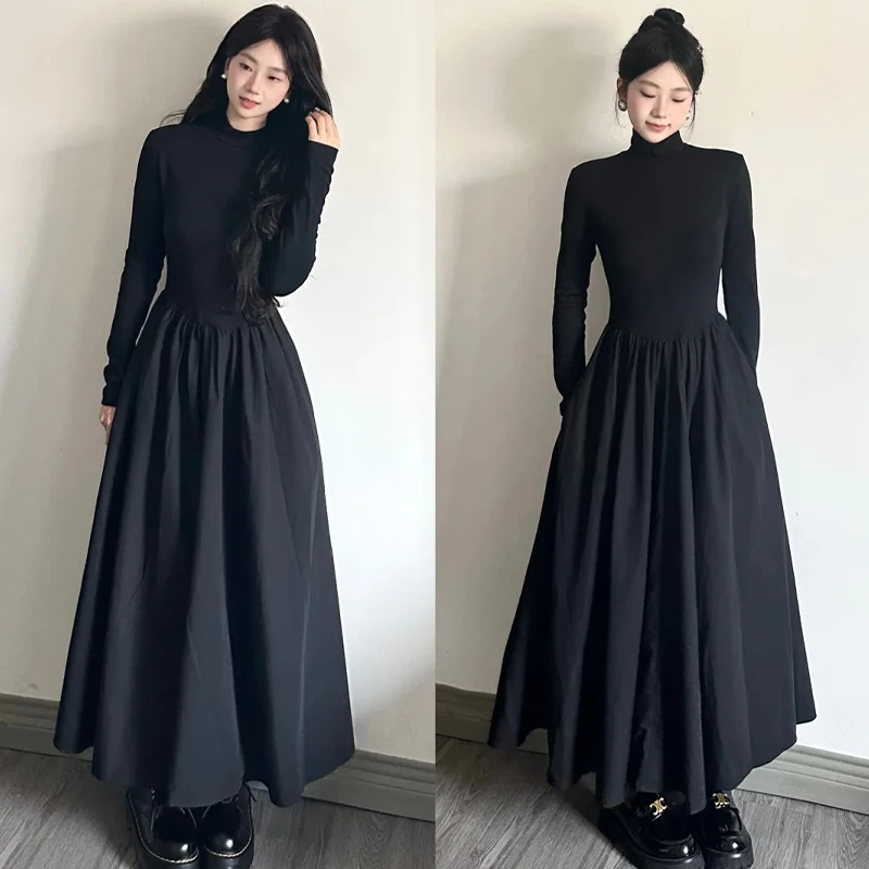 黑色赫本风长款连衣裙女大衣内搭打底长裙毛衣小黑裙冬季气质收腰