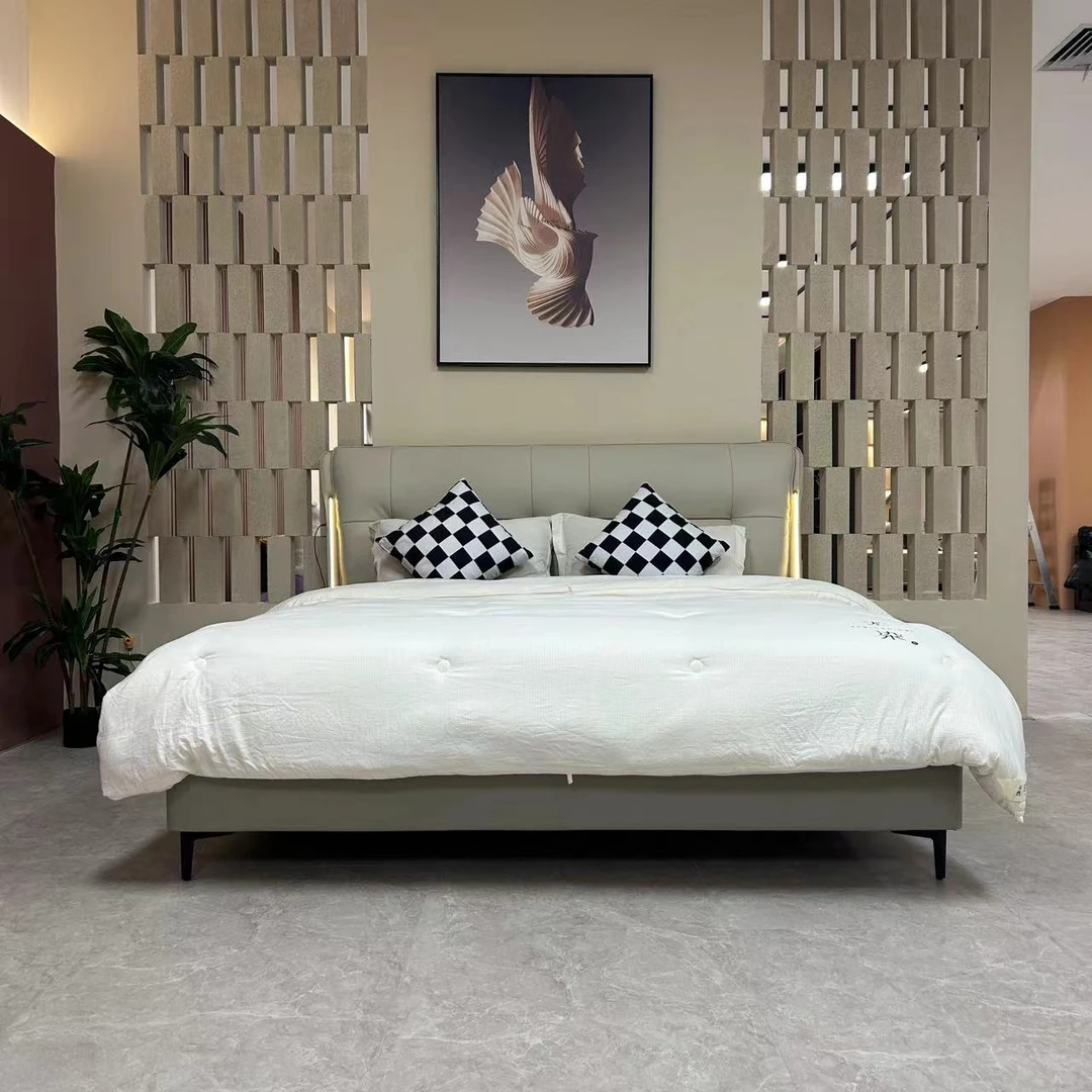 【牛哥严选】808-实木真皮主卧轻奢双人大床皮艺床高脚简约头层