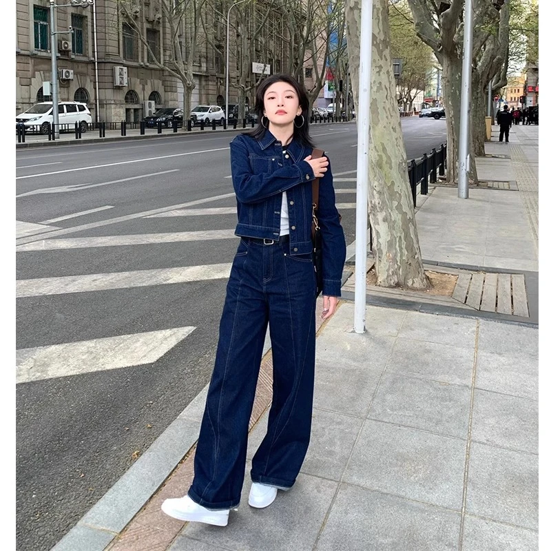 蓝色复古牛仔套装女秋季韩版休闲通勤显瘦外套阔腿裤高级感两件套