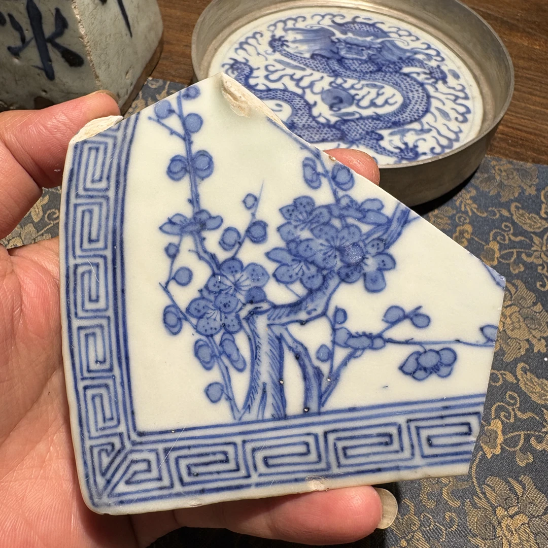 Q青花梅花图瓷片标本顺丰包邮全手工制作