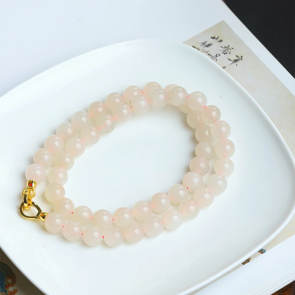 【孤品收藏】天然和田玉浅藕粉妈妈链项链气质女款项链圆珠9mm高端