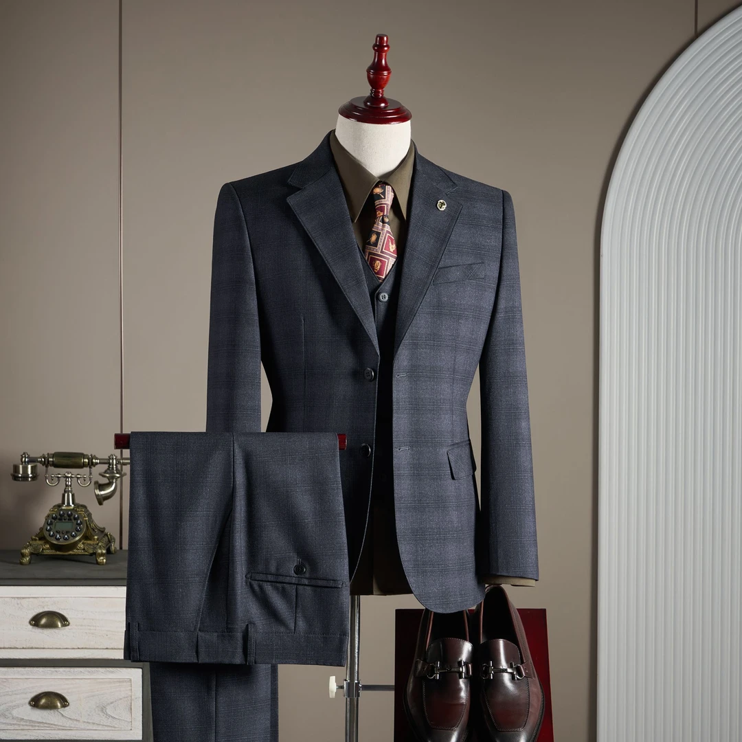 高级感藏青格子平驳领西装套装礼服男韩版商务休闲大码西服三件套