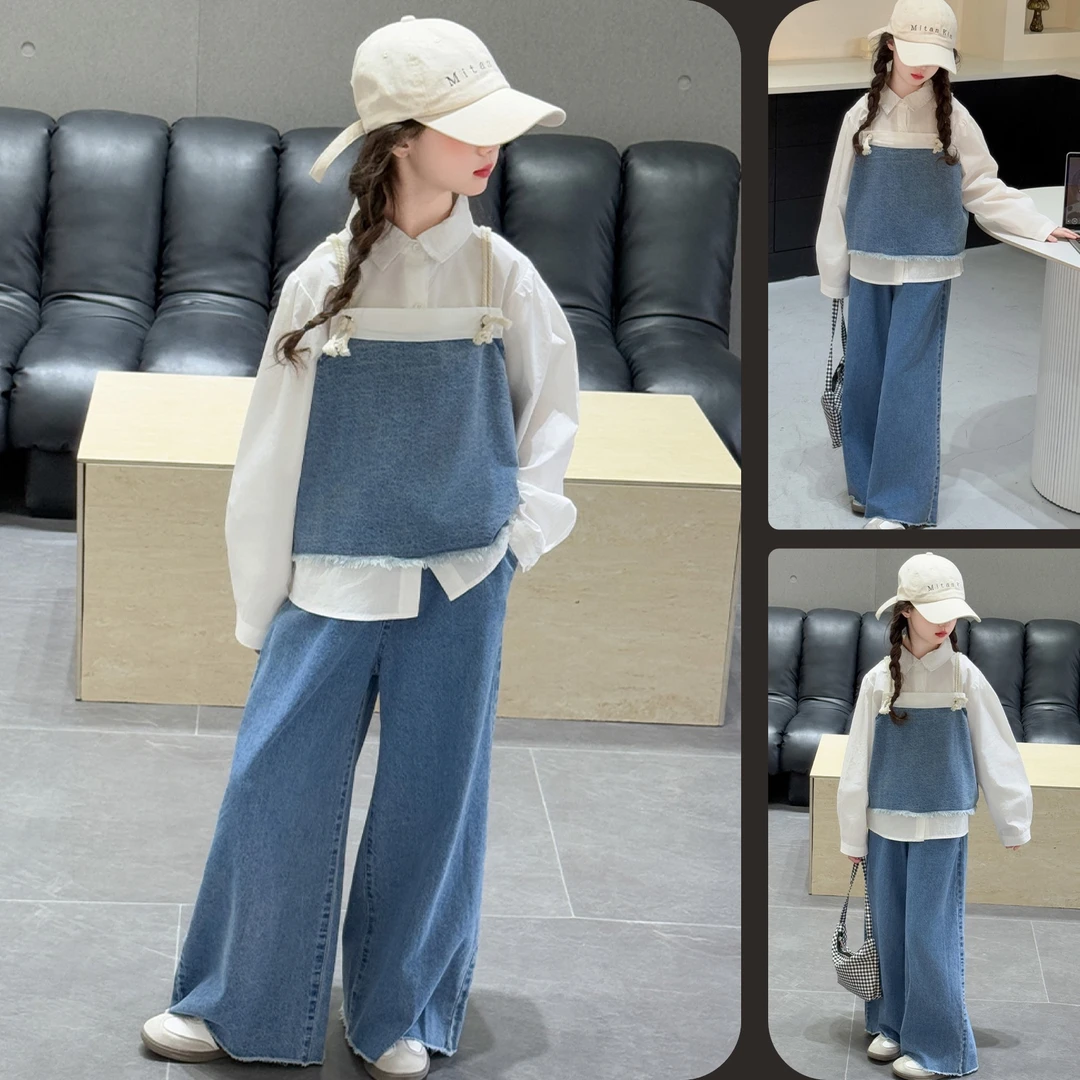 女童衬衫马甲阔腿牛仔裤套装6~12岁中大童洋气时尚宽松休闲时髦潮
