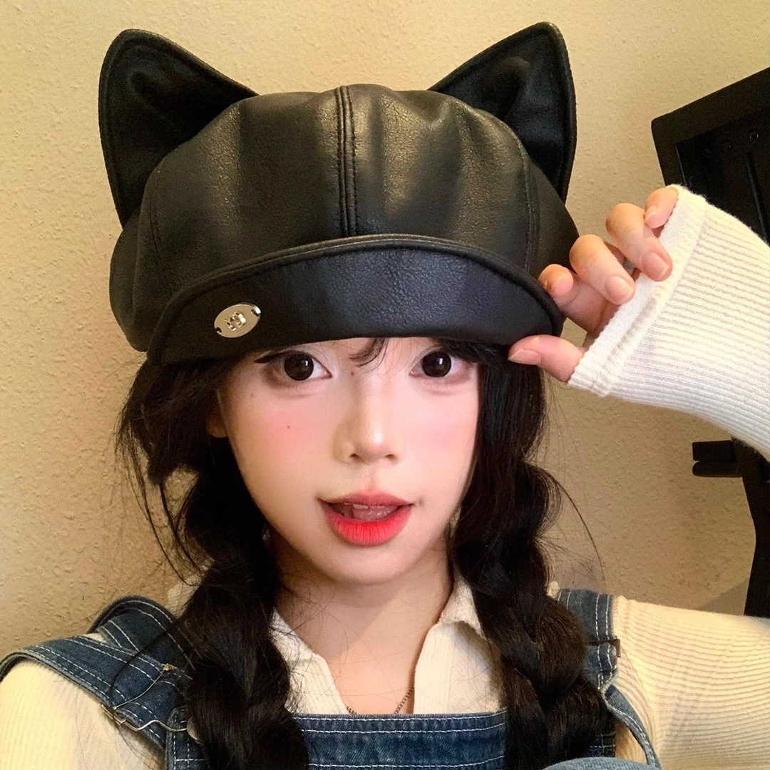pu皮质猫耳朵贝雷帽女春秋季甜酷显脸小八角帽大头围报童画家帽子