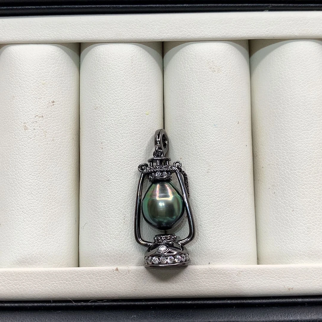 银S925镶嵌吊坠(不含链)海水珍珠大溪地黑珍珠油灯项链