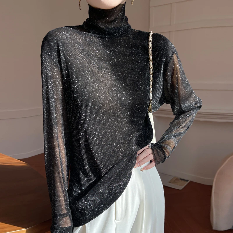 哥弟阿玛施正品精纺羊毛丝网纱透视长袖打底衫休闲气质百搭上衣