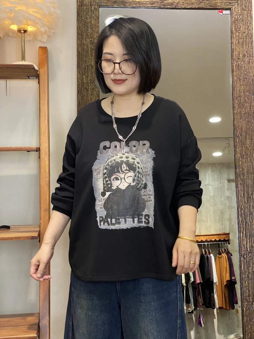 长袖卫衣-10722大码女装秋季棉质胖MM宽松圆领印花文艺休闲百搭