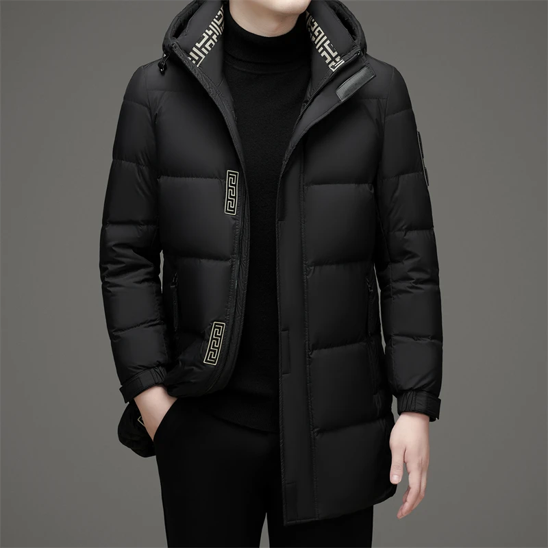 冬季中长款保暖男士羽绒服90白鸭绒休闲连帽时尚青年防风高级外套