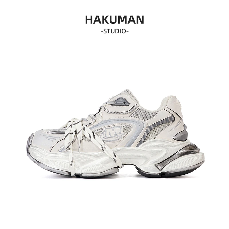 HAKUMAN网面老爹鞋男鞋休闲潮流绑带厚底增高鞋宽松复古擦色百搭