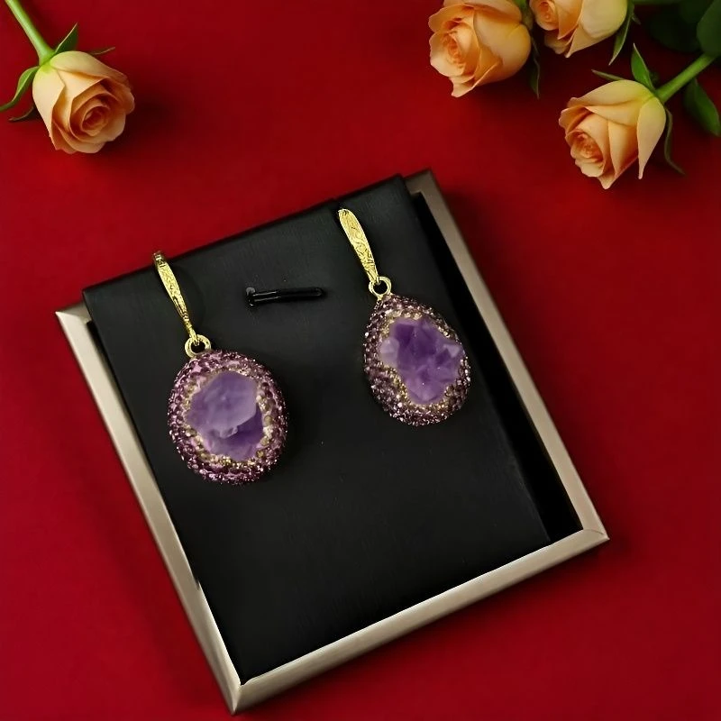 紫晶耳坠精雕紫晶花耳坠合金