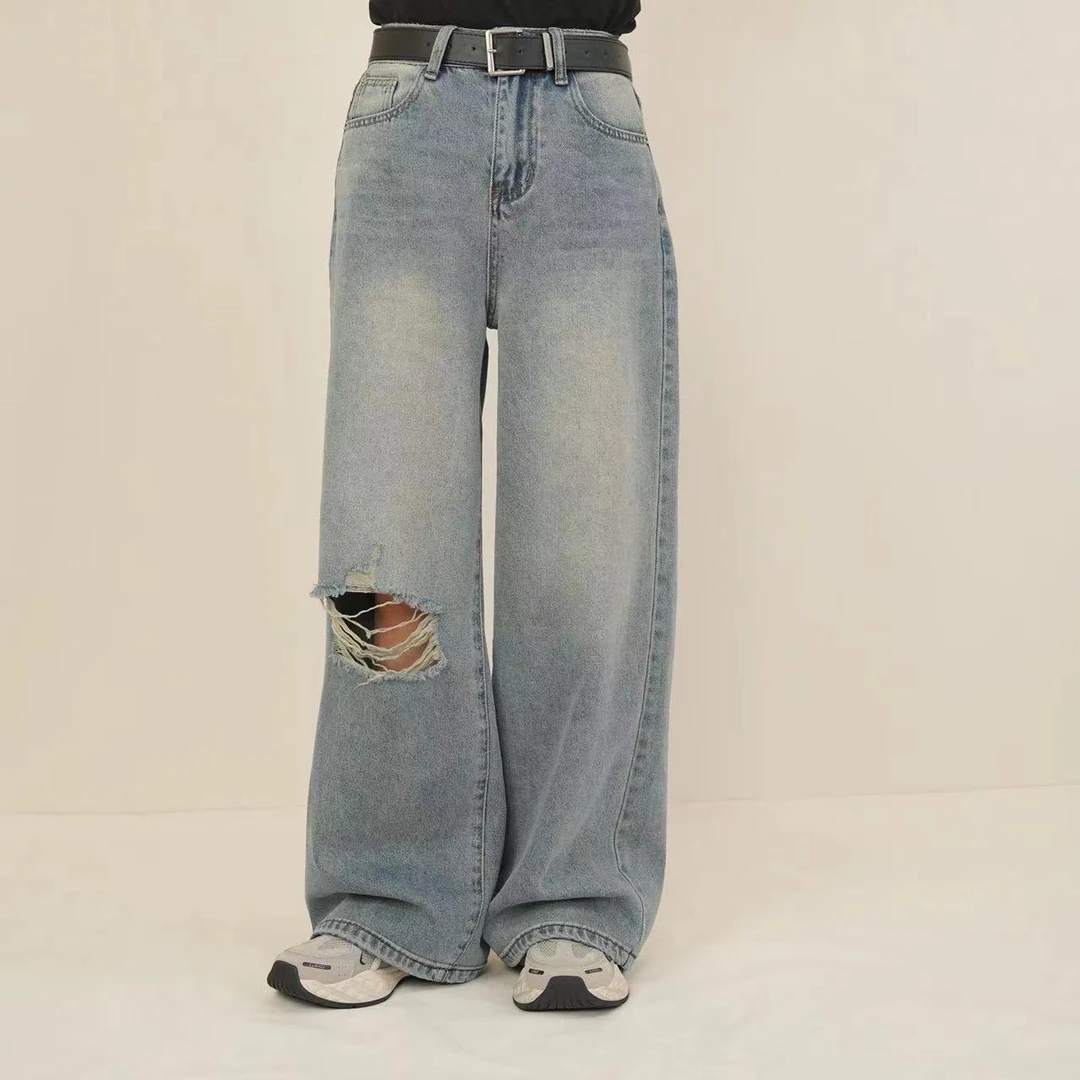 【0848】破洞牛仔裤~浅蓝色破洞阔腿牛仔裤宽松显瘦百搭休闲牛仔裤