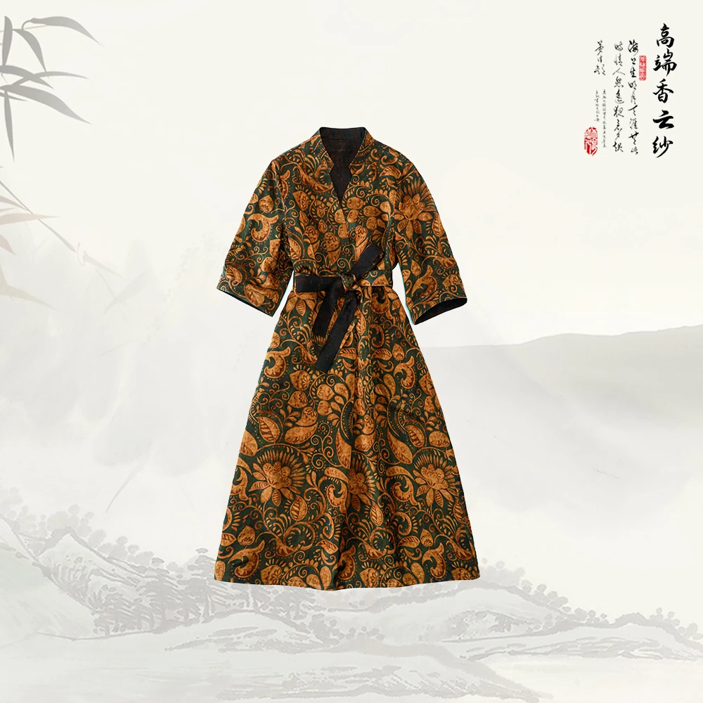 【唐卷草纹】新款复古V领印花宽松舒适百搭中长款连衣裙528006