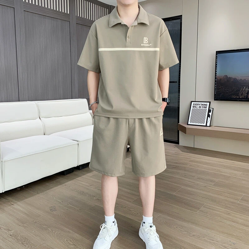 夏季套装男士时尚帅气翻领宽松POLO衫短袖短裤简约运动休闲套装