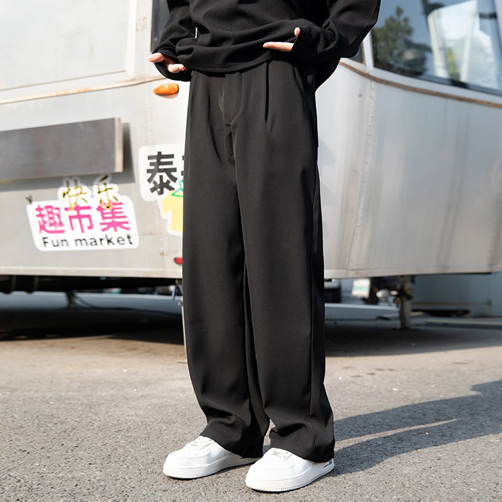 垂坠感直筒休闲西装裤男士春夏斜纹拖地裤垂感小西裤男生黑色西裤