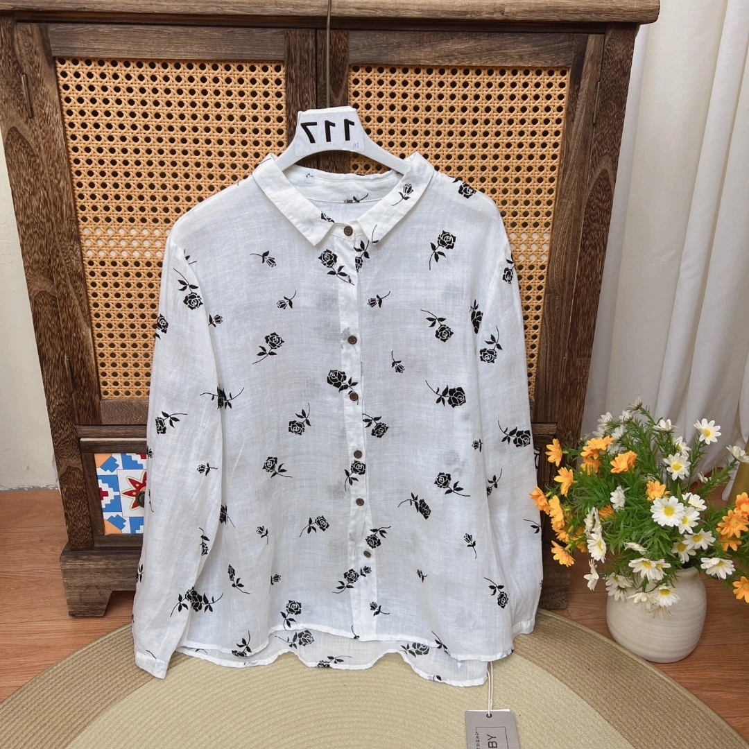 [117拍这里]复古国风刺绣印花苎麻小衫女2025夏新款上衣女休闲风