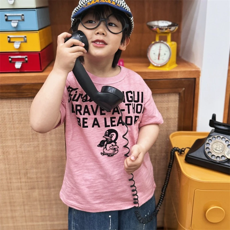 【一彩定制】25春夏新款 儿童企鹅竹节棉短袖 双色可选 日系潮牌