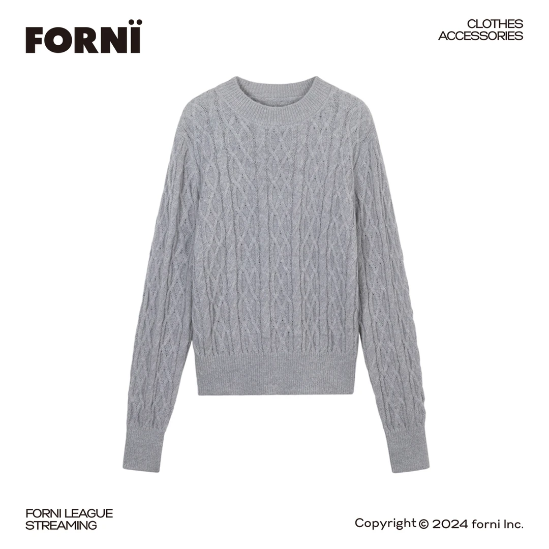 FORNI 麻花毛衣 秋冬时尚圆领套头马海毛毛麻花长袖针织衫