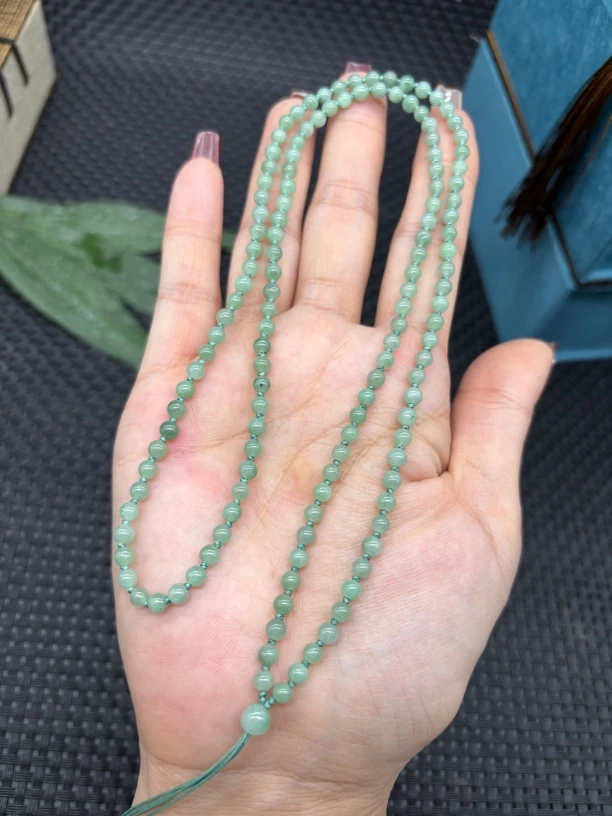 精品天然缅甸A货翡翠满绿圆珠4mm苹果绿编织玉石挂件绳长链毛衣链