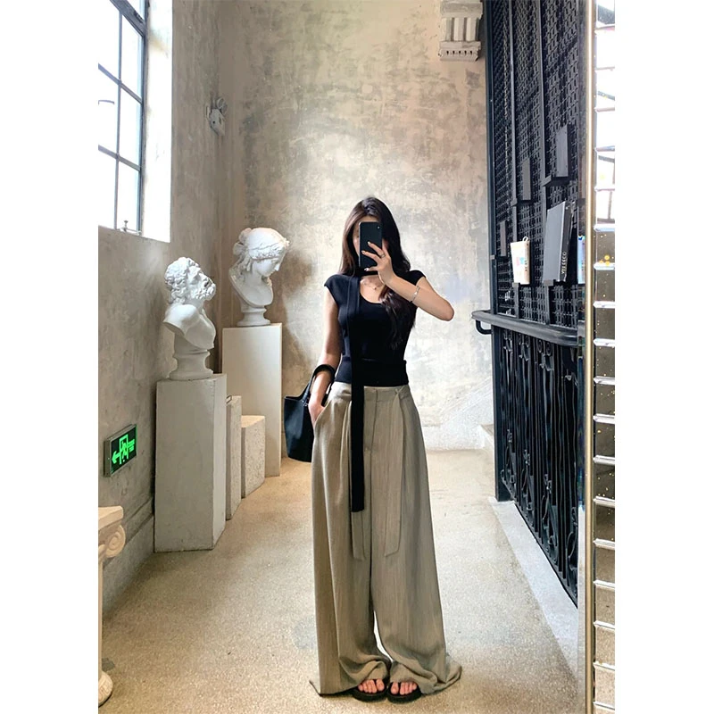 韩系时尚套装修身百搭U领黑色短袖T恤上衣高腰宽松直筒垂感阔腿裤