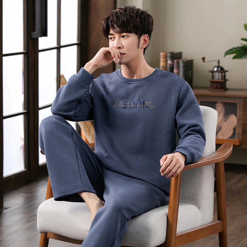 薄夹棉夹层睡衣男空气棉秋冬款中老年爸爸纯棉长袖套头家居服套装