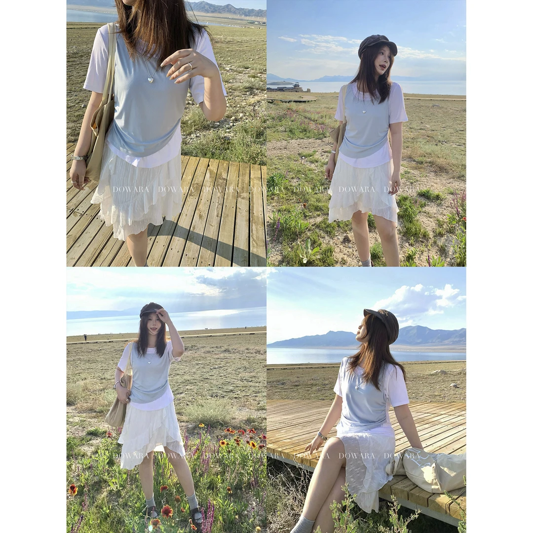 现货大婉酱微胖定制韩系撞色拼接假两件女秋季显瘦遮肉上衣 9493D