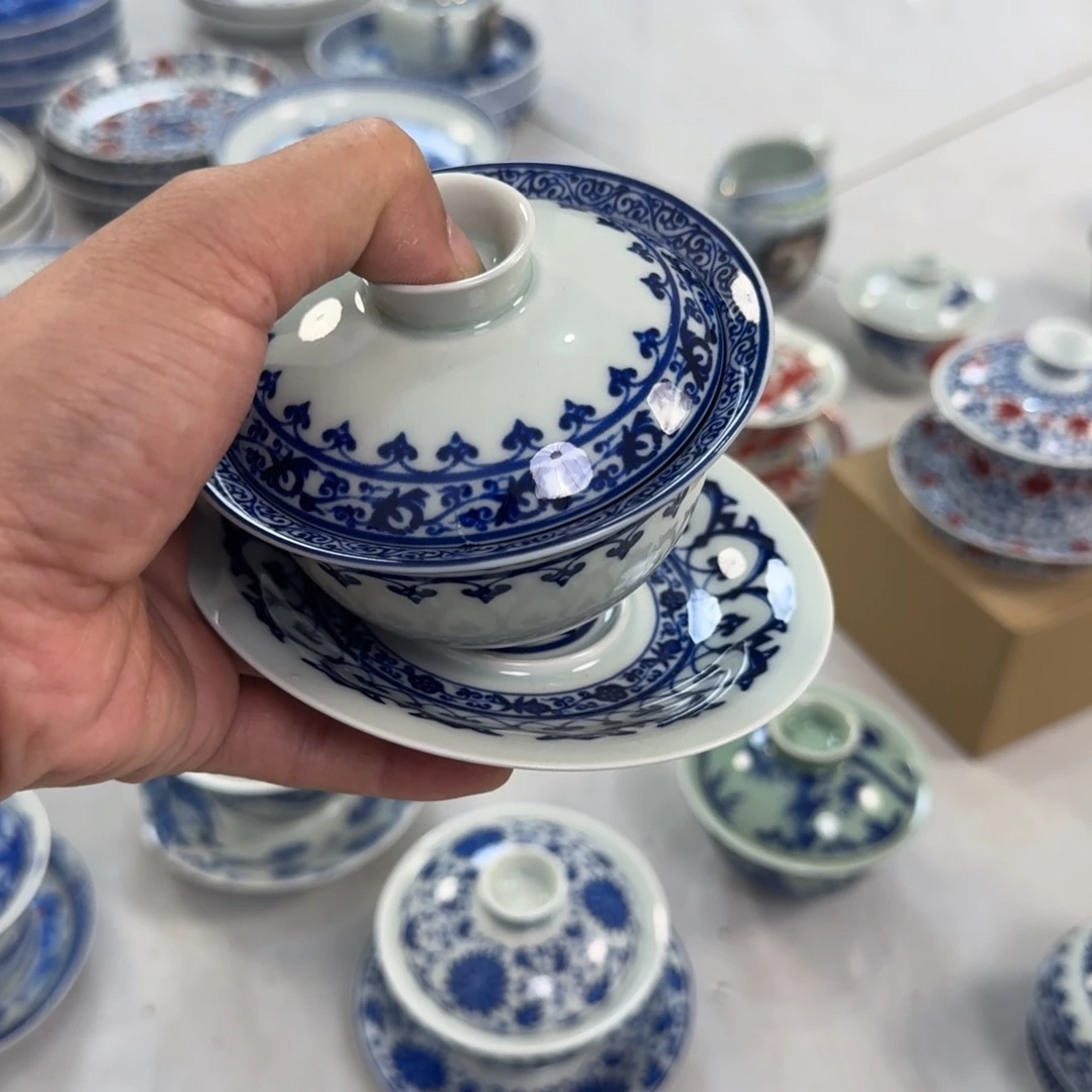 陶摆件青花宝箱三才盖碗