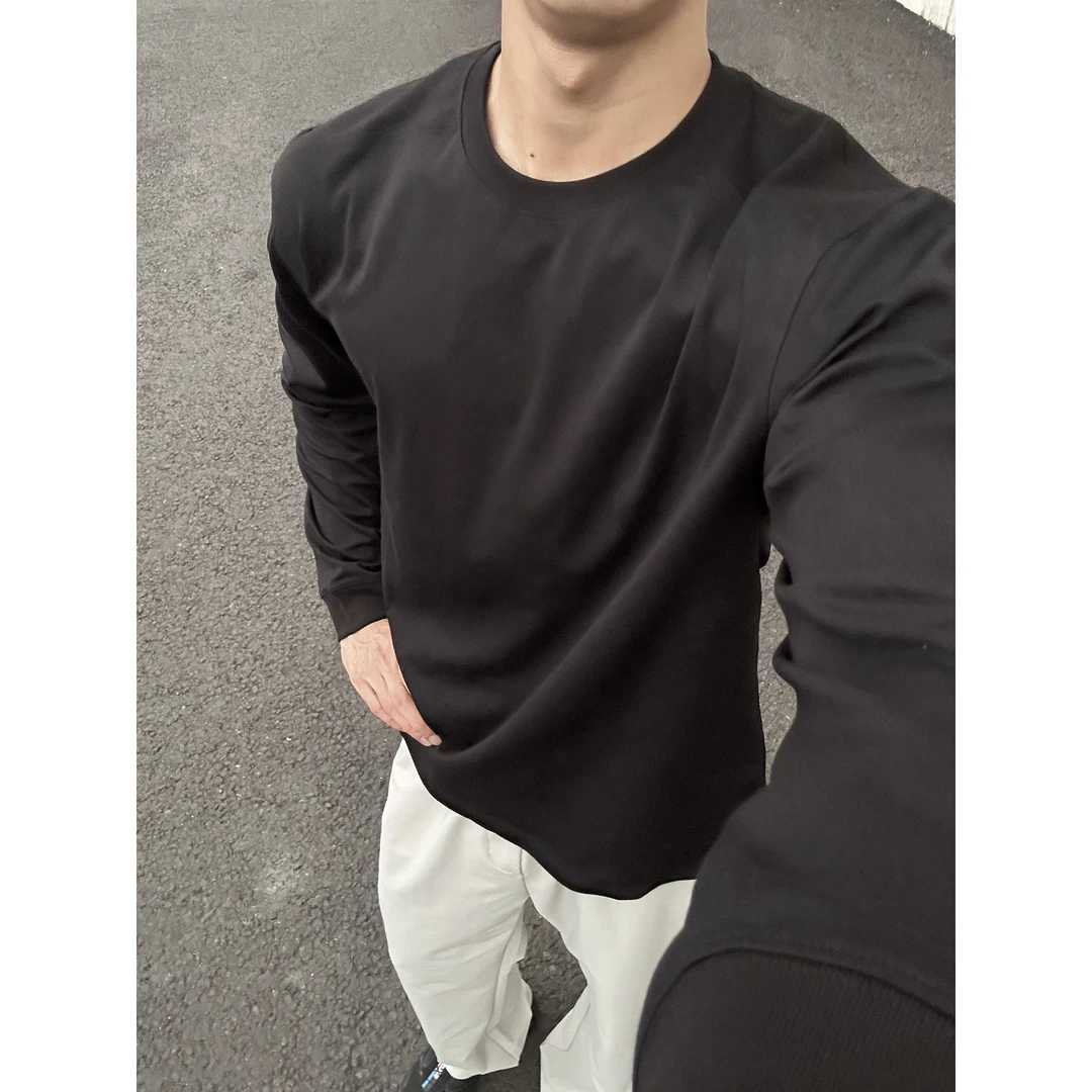 LIMOU肩线前移显肩宽简约黑白纯色小领口健身运动长袖T恤男打底衫